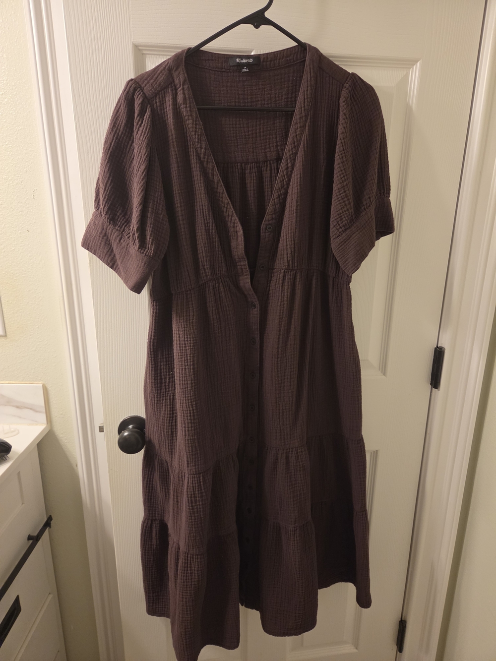 Madewell Chocolate Brown Tiered Button-Front Cotton Dress